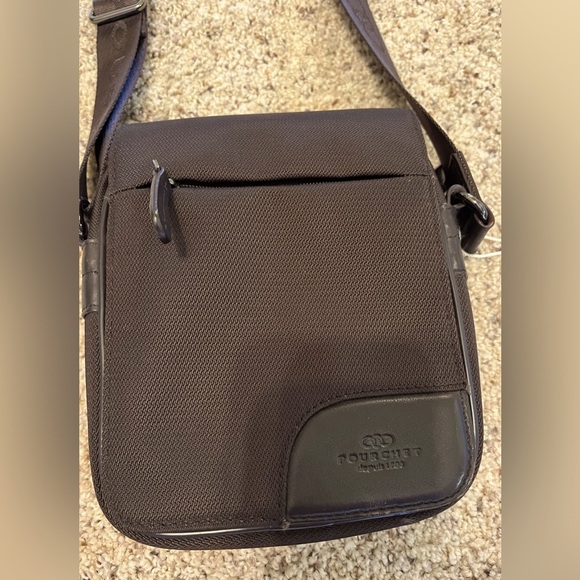 Pourchet brown cross body bag, fabric with leather accents - Picture 1 of 9